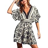 CUPSHE Women Summer Dresses Floral Plunging V Neck Short Sleeve Elastic Waist Beach Vacation Mini Dress