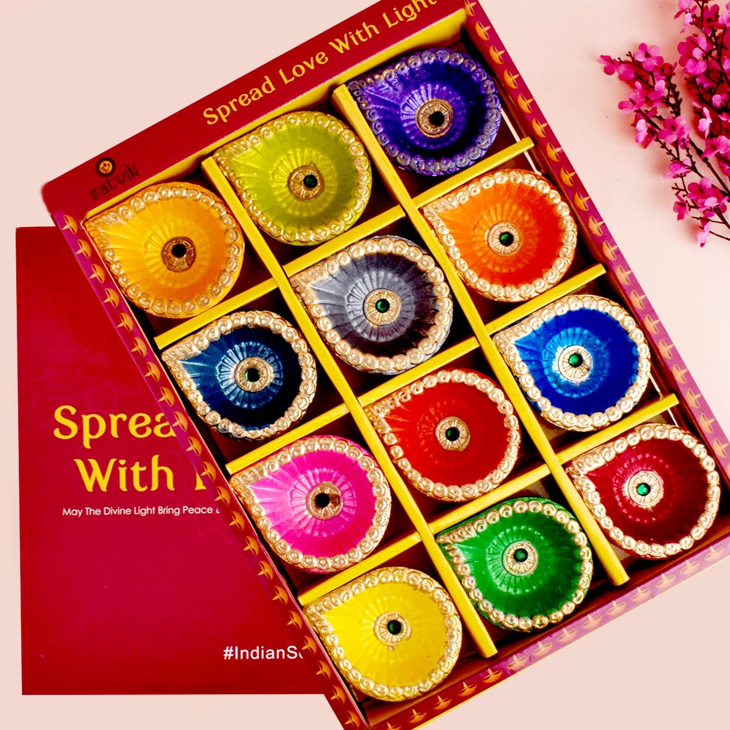 Oil Lamps & Accessories - SATVIK 12 Pc Multicolor Clay Diya Terracotta Dia Traditional Puja Vilakku Oil Lamp Natural Mitti Diya Tea Light Welcome Diwali Deepawali Navratri Pooja Décorations Indian Housewarming Return Gift Item