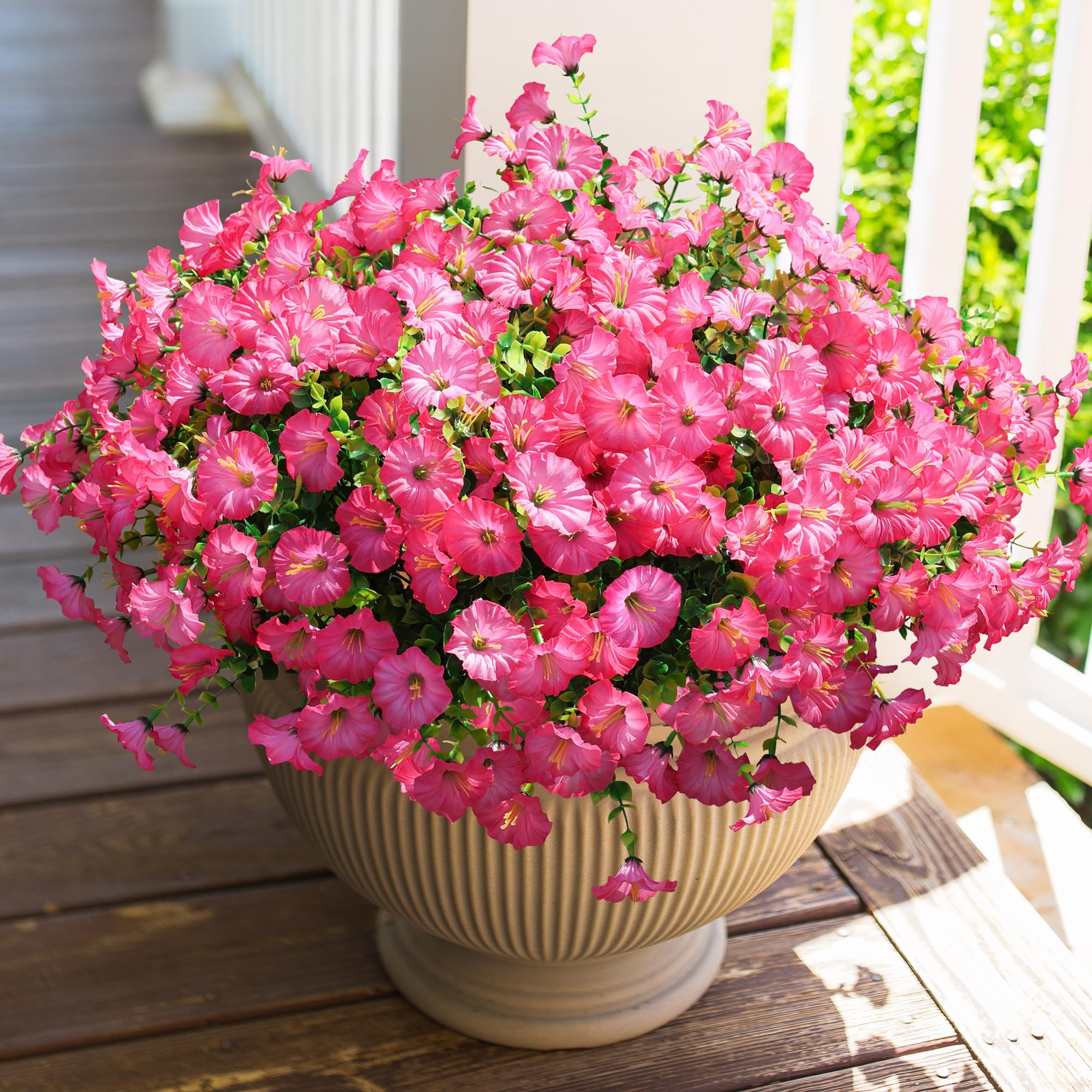 Photo 1 of HyeFlora Artificial Flowers for Outdoors Fake Plants Outside Decoration, 12 Bundles Silk Pink Morning Glory with Eucalyptus UV Resistant Look Real Faux Flowers for Planter Front Door Yard Gardens Home