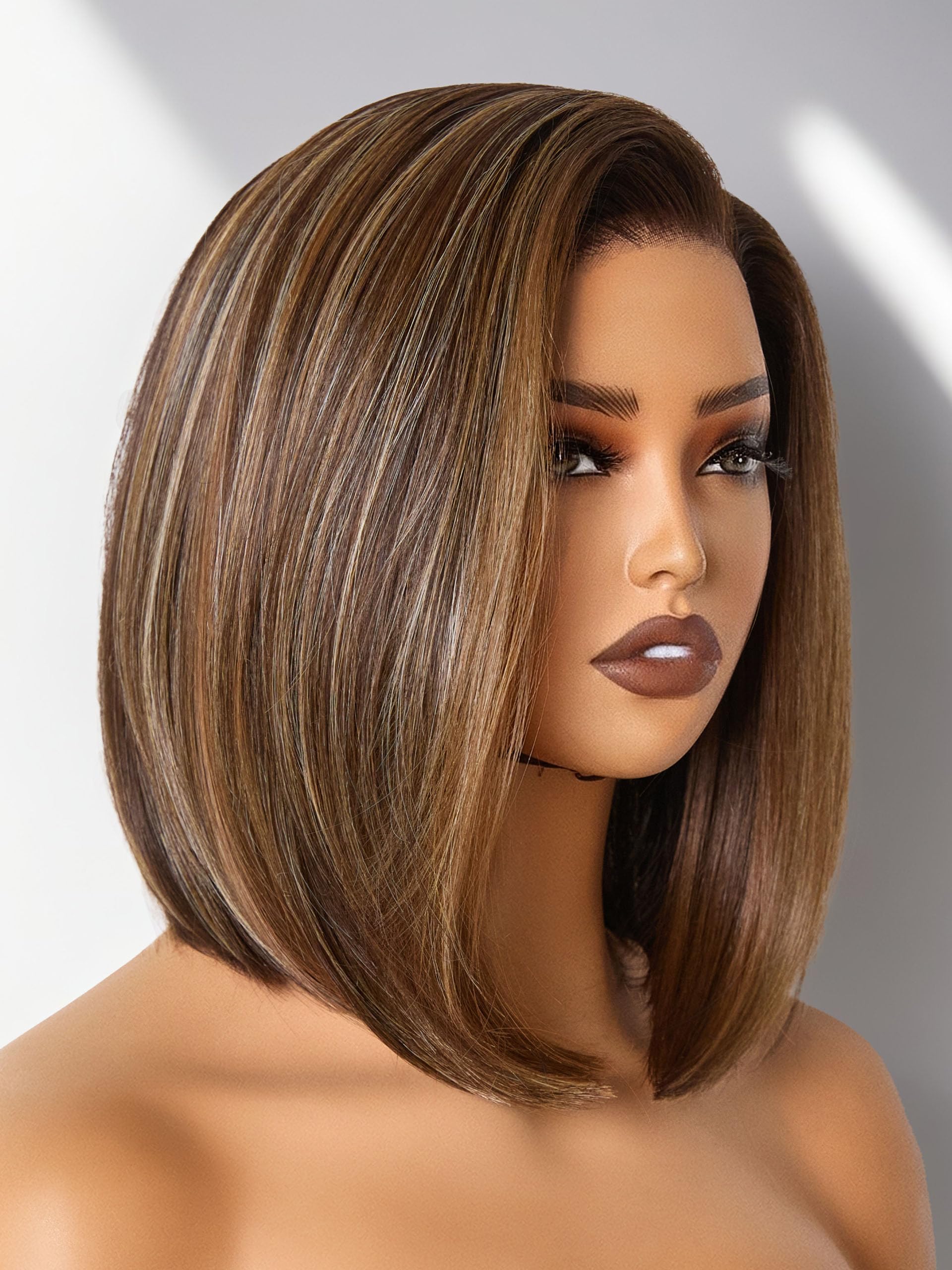 Photo 1 of GORGIUS Brown Highlight Bob Lace Front Wig Glueless Straight Short Wigs Upgrade with Human-Hair-Like Sythetic Hair Pre Cut Pre Plucked Side Part Hairline 12 Inch
