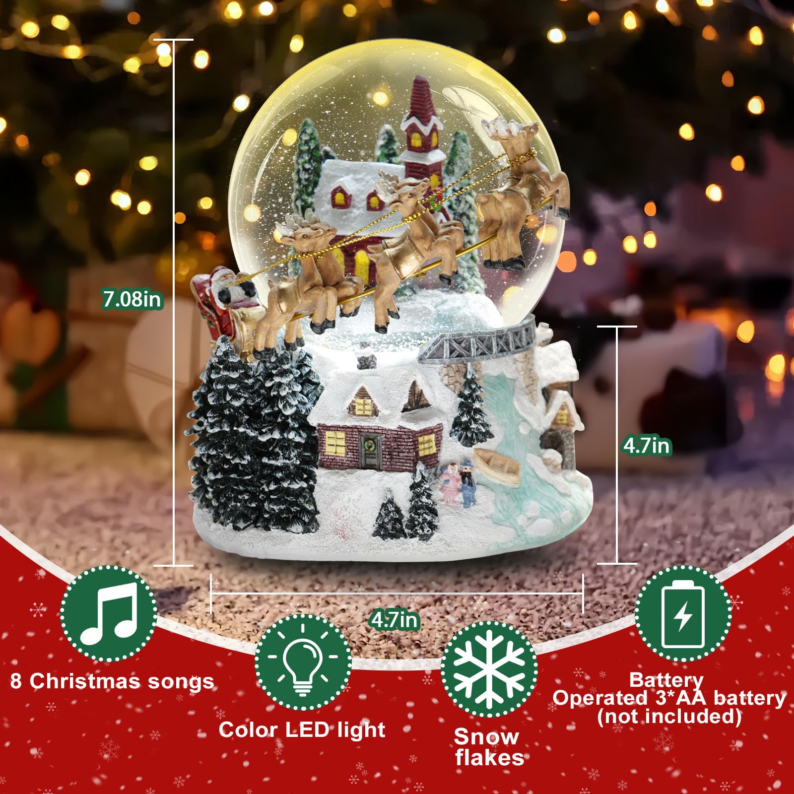 Aobaks Christmas Snow Globe with Led Light and Musical Holiday Decoration Gift, 7 Inch Height Santa Sleigh Reindeer Resin Snow Globe, Christmas Holiday Indoor Decor.