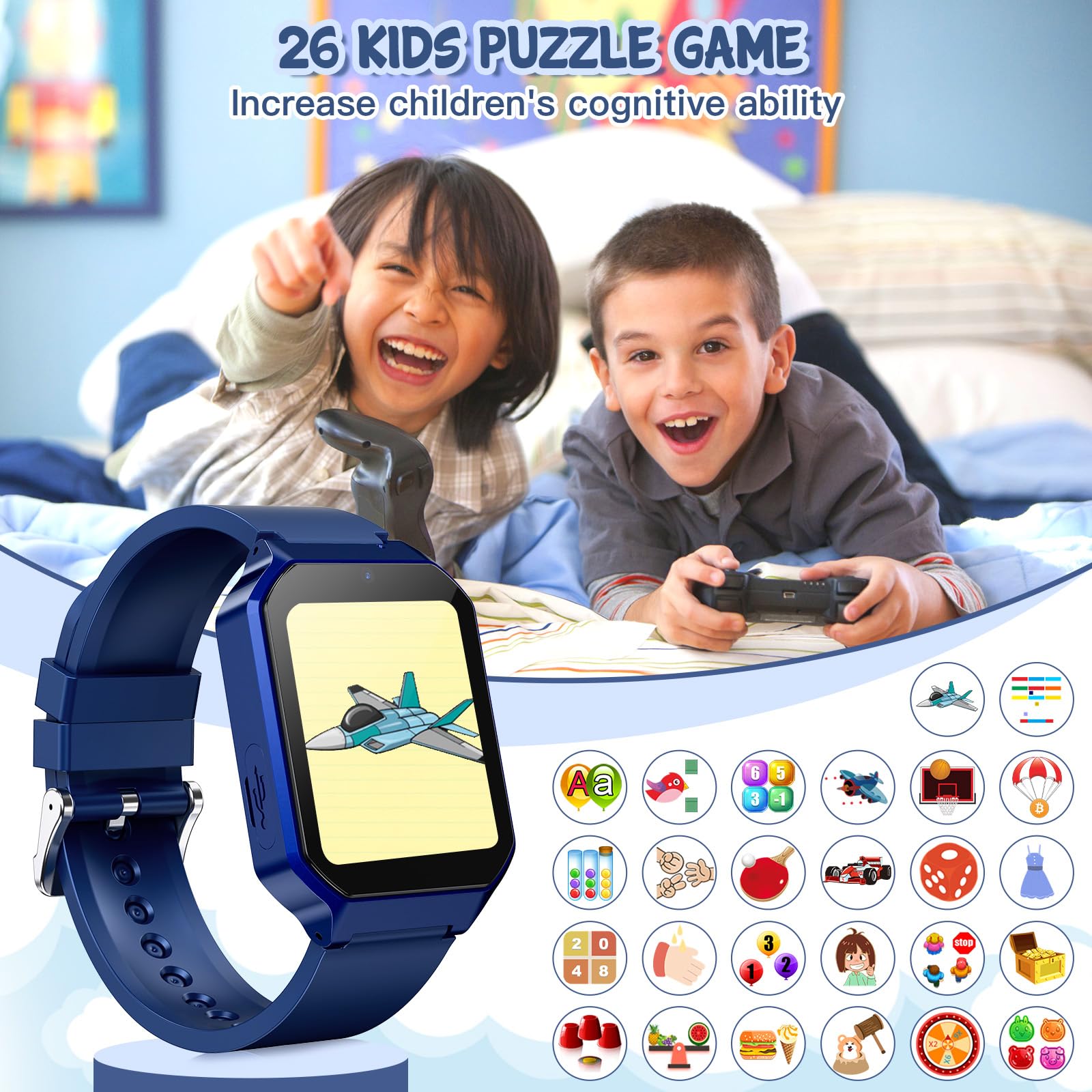 DERUI Smart Watch for Kids 3-12 Years Boys Girls, 26 Puzzle Games, Smartwatch with Camera, Pedometer, Stopwatch, Video Voice Music Player Calendar Alarm Clock Learn Card for Children Gifts (Blue)