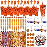 Hollowfly 122 Pcs Basketball Party Favors Set Basketball Goodie Bags Stuffers Includes Cups with Straw Mini Stress Ball Keychains Slap Bracelets Whistles Stickers Pens for Birthday Party Supplies