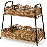 Geelin 2 Tier Stackable Cabinet Organizer Shelves for Kitchen Counter | 12.8" x 8.7" x 12" Rattan Stacked Organizer, Scalloped Wicker Fruit Basket, Boho Spice Rack, Bathroom Laundry Decoration