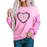 Valentines Day Sequin Heart Shirts Women Love Graphic Long Sleeve Drop Shoulder Top Cute Holiday Casual Tee