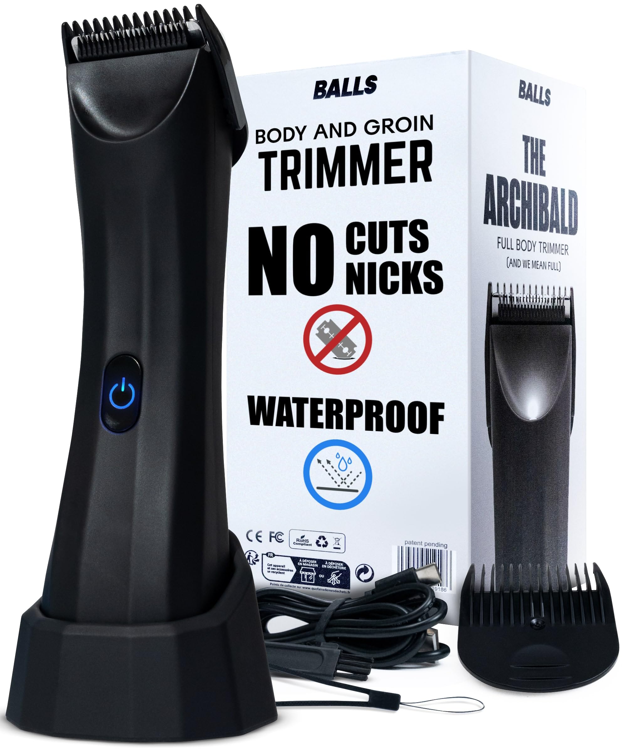 BALLS Trimmer V3 The Archibald - Body & Pubic Hair Shaver for Men - No Cuts, Sacksafe Guard, Rechargeable, 100% Waterproof, Cordless - Wet/Dry with Replaceable Ceramic Blades Archibald Trimmer