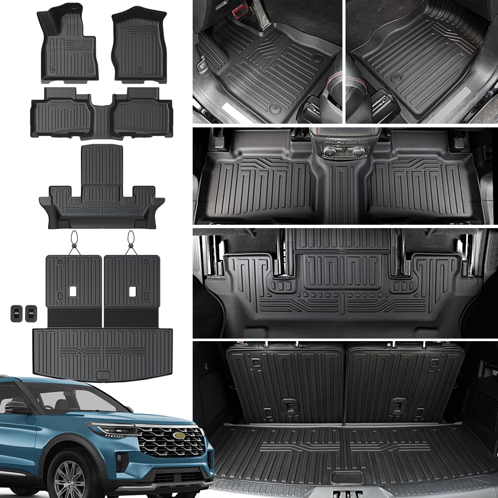 Photo 1 of *MINOR DAMAGE - USED*
JOULARISE Floor Mats for 2020-2025 2026 Ford Explorer 6 Seats Captain Chairs Car Mat Accessories, All Weather TPE Cargo Mat Backrest Mat Active/ST Line/ST/Platinum(6 Seats Floor Mats+2-in-1 Cargo Mat)