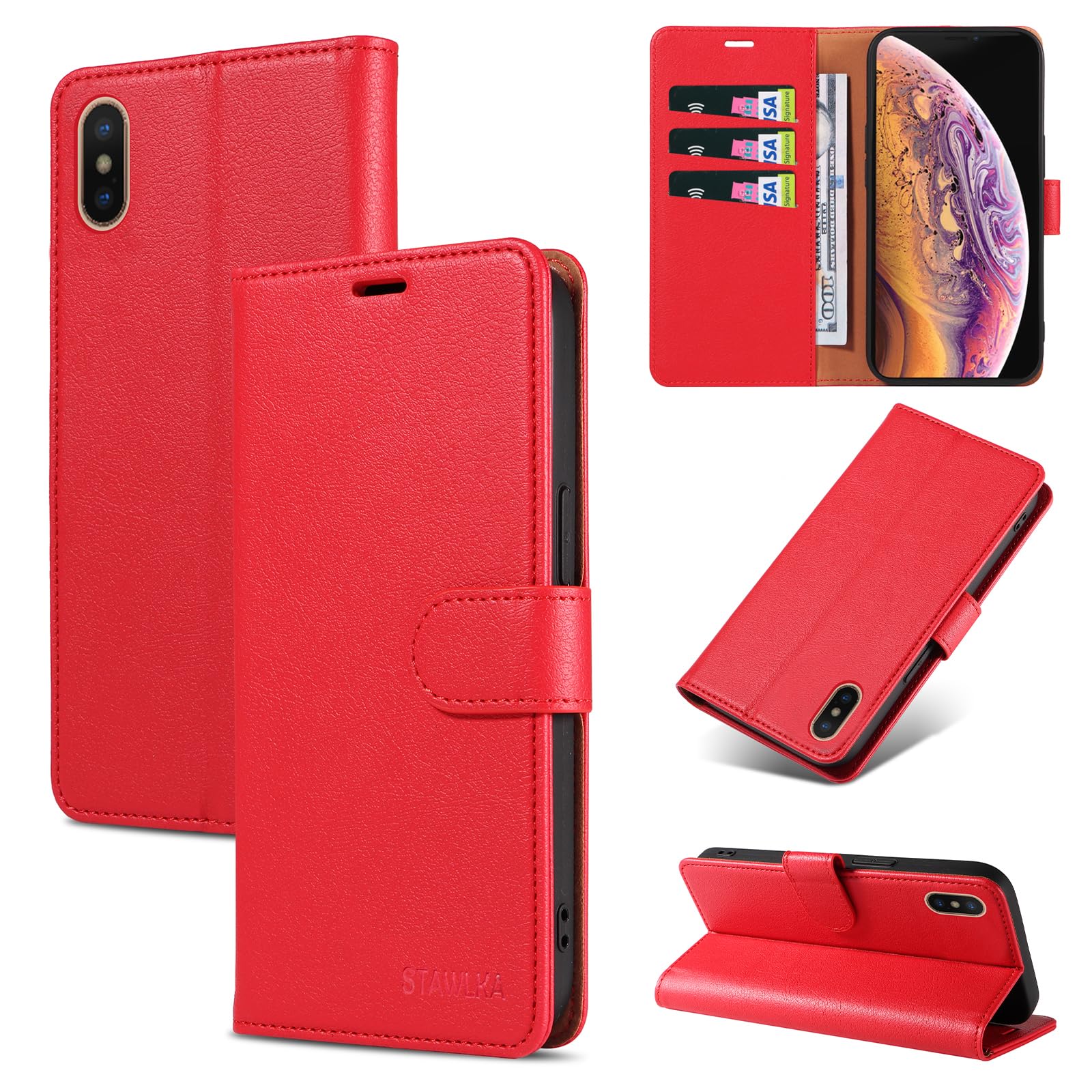 STAWLKA Case for iPhone X iPhone XS, Premium PU Leather Flip Magnetic Buckle Wallet Case Kickstand Blocking RFID Shockproof Protective Phone Cover for iPhone X/XS - Red — image 1