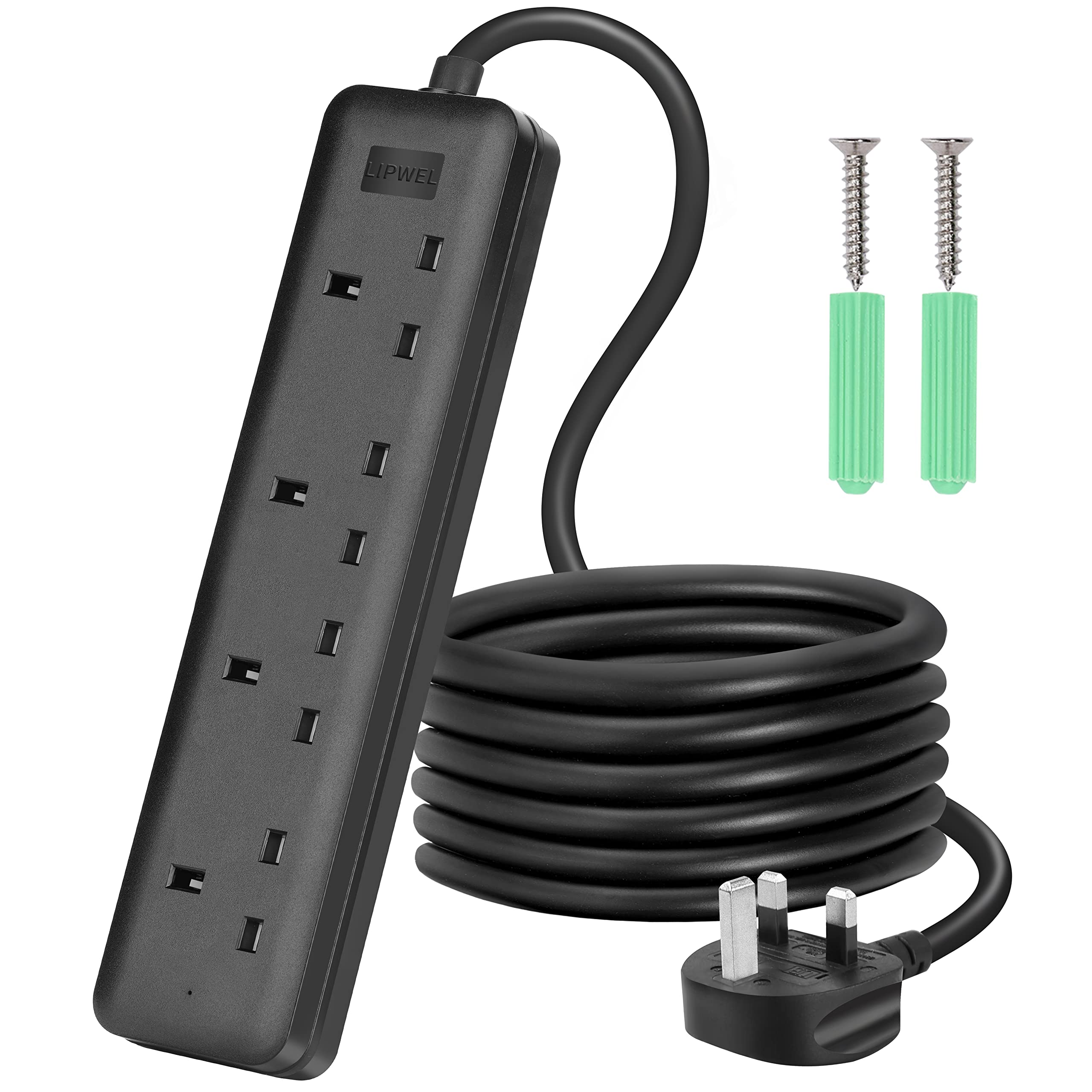 LIPWEL Extension Lead Plug Extension Cord Black Power Strip 4 Way Socket Multi Plug 1m 2m Extension Electric Cable Multi Socket Plug Adapter PC Accessories with Indicator for Multiple Devices