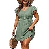 Plus Size Swimsuit Cover Up - Women V Neck Textured Hollow Out Flutter Sleeves Coverups Swimwear Summer Beach Dress