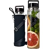 aecotea 32 oz Clear Glass Water Bottle | Cold Brew Fruit Infuser Water Bottle (Black Lid)
