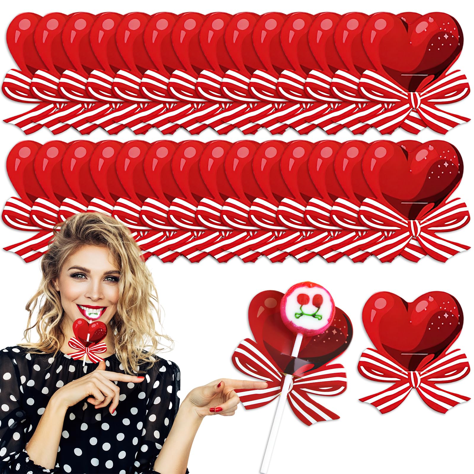 Photo 1 of 100Pcs Valentine's Day Lollipop Paper Card Heart Decor Greeting Cards Red Heart-shaped Bow Wrapping Candy Holder Wedding DIY Decoration for Women Girl Valentines Holiday Party Supplies