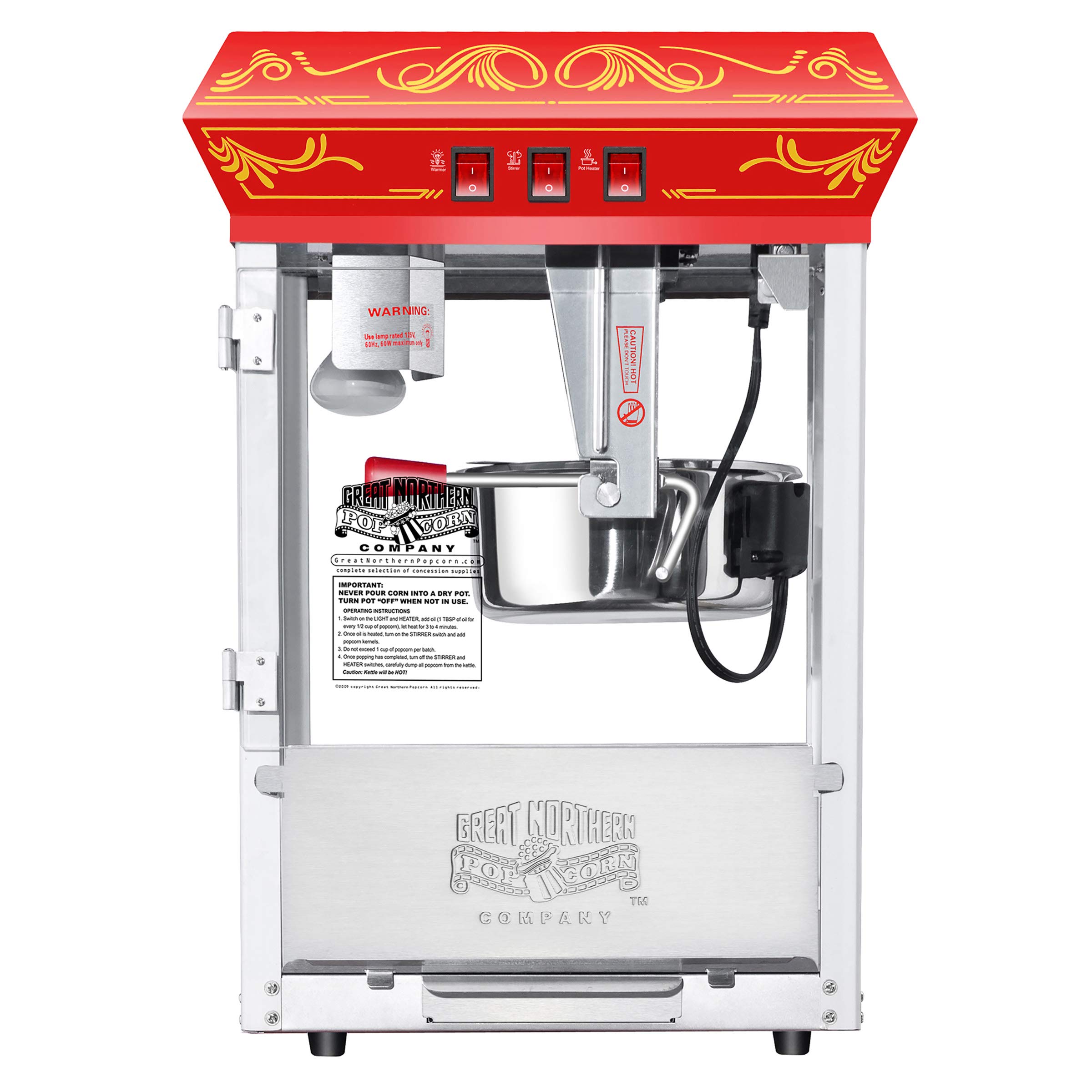 Good Time Popcorn Machine - 3-Gallon Popper with Steel Kettle, Old Maids Drawer, Warming Tray, and Scoop for Home by Great Northern Popcorn (Red)