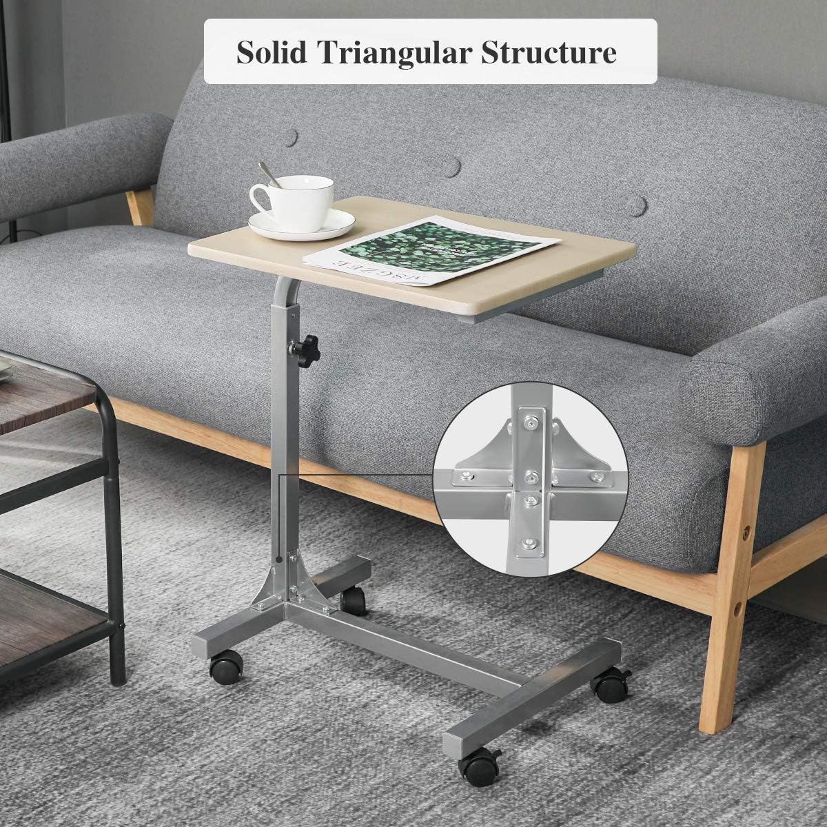 Over Bed Table C Sofa Side Medical Table with Lockable Wheels, 3 Height Adjustable Food Table Tray, Multi-Purpose Portable Rolling Desk Wood (18.9x14.7x26.4-31.1 inch): Kitchen & Dining
