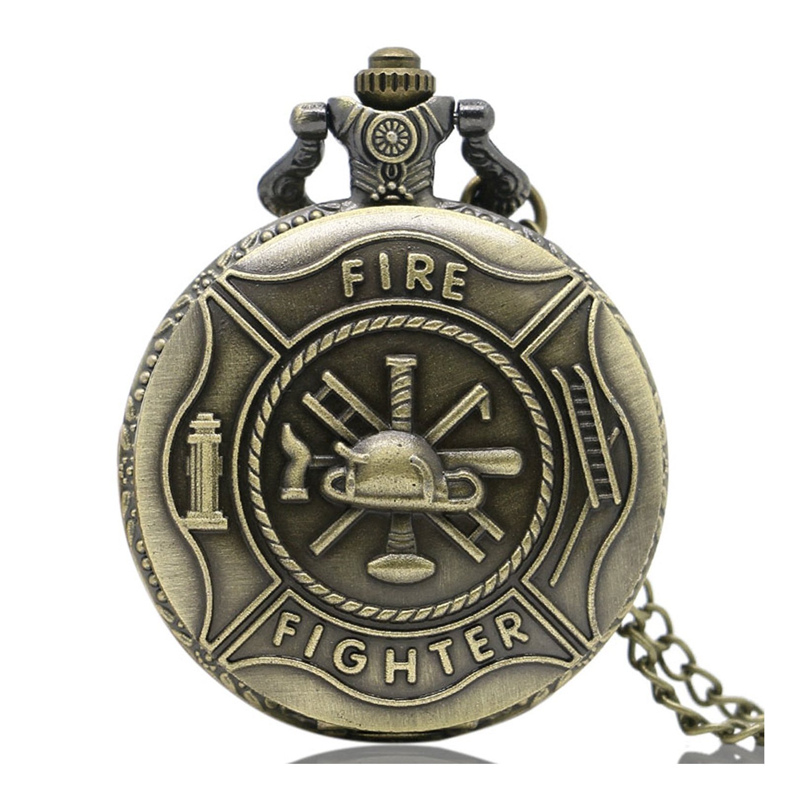 Designer Inspirations Boutique ® Fireman/Firefighter 3D Brushed Bronze Effect Antiqued/Vintage Case Men's Quartz Pocket Watch Necklace - On 32" Inch / 80cm Chain