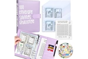 OYHQES 100 Envelopes Money Saving Challenge with Cute Stickers, A5 Money Saving Binder with Cash Envelopes，Budget Binder Savings Challenge Book for 100 Day to Save $5,050 for Budgeting Planner(Purple)