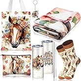 Tiangrid 6 Pcs Valentines Horse Gifts for Women Include 20 oz Stainless Steel Tumbler with Lid and Straw Cosmetic Bag Throw Blanket Keychain Socks Handbag for Women Girls(Pink)