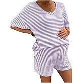 SweatyRocks Women's Maternity 2 Piece Outfits Summer Striped Shorts Sets with Tee Top