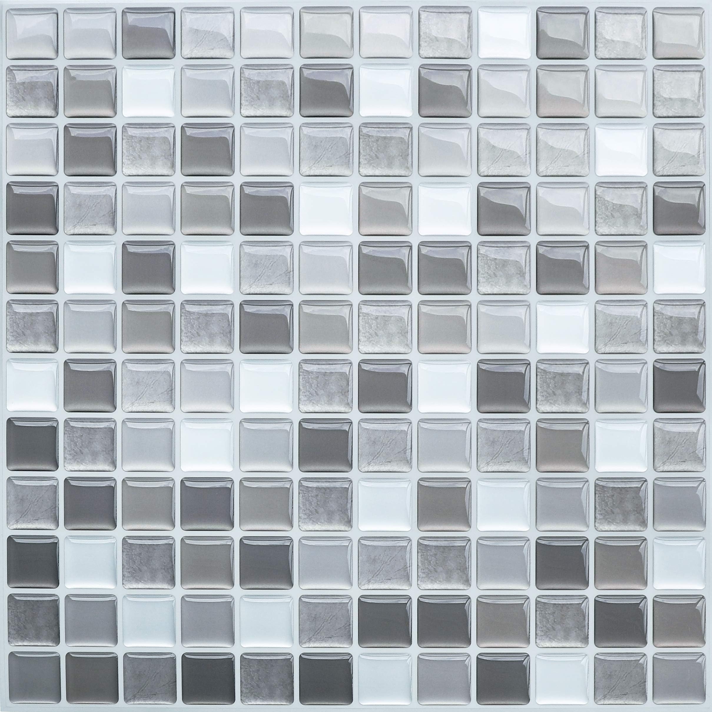 HyFanStr 3D Mosaic Kitchen Backsplash Tile Decals, Grey, 4 Pack, Peel and Stick, Waterproof, 9.29"x9.29"/23.6x23.6cm Square Tiles