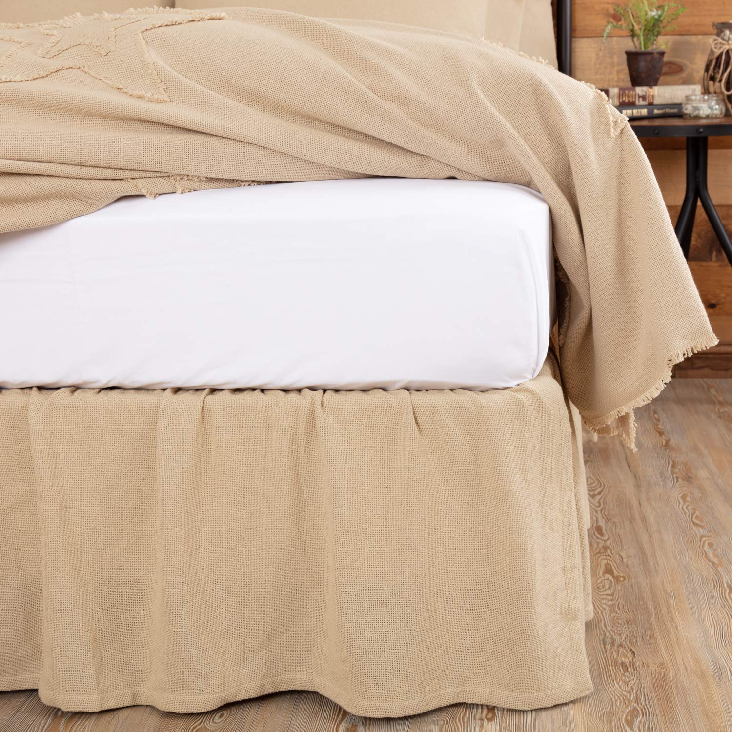 Photo 1 of Burlap Vintage Farmhouse Queen Bed Skirt Tan Distressed Appearance Cotton Solid Color Split Corners Bedroom Decor