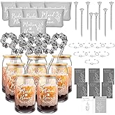 Irenare 48 Pcs 8 Set Bridesmaid Proposal Gifts Maid of Honor Gifts16oz Glass Cups Cosmetic Makeup Bags Invited Cards Scrunchies Hair Knotted Bracelets Diamond Pens(Classic Style,Gray)