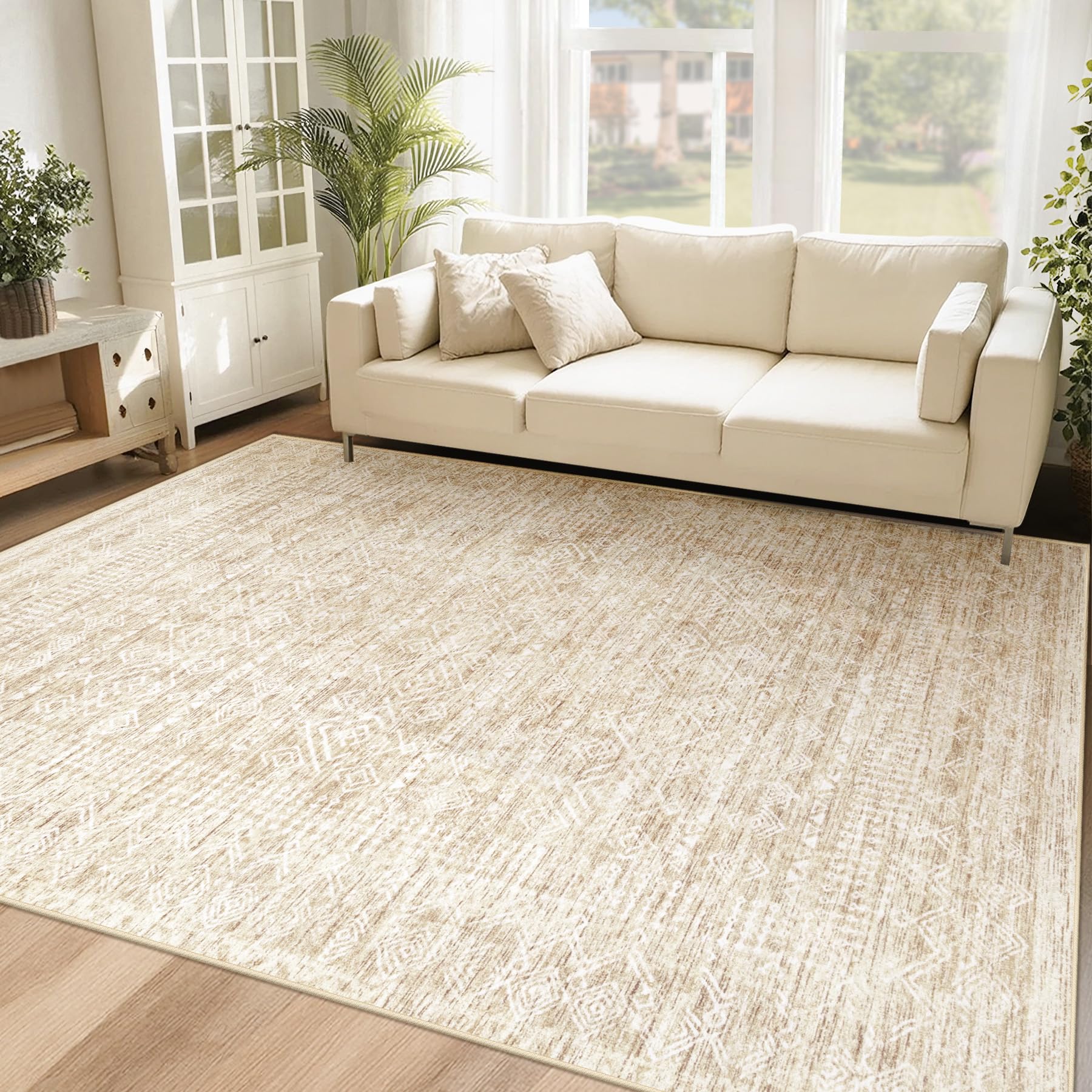 Photo 1 of 6x9 Area Rugs for Living Room: Washable Moroccan Geometric Boho Rug Farmhouse Non Slip Stain Resistant Large Rug Low Pile Soft Carpet for Bedroom Dining Room Home Office Children Room (Beige,6'x9')