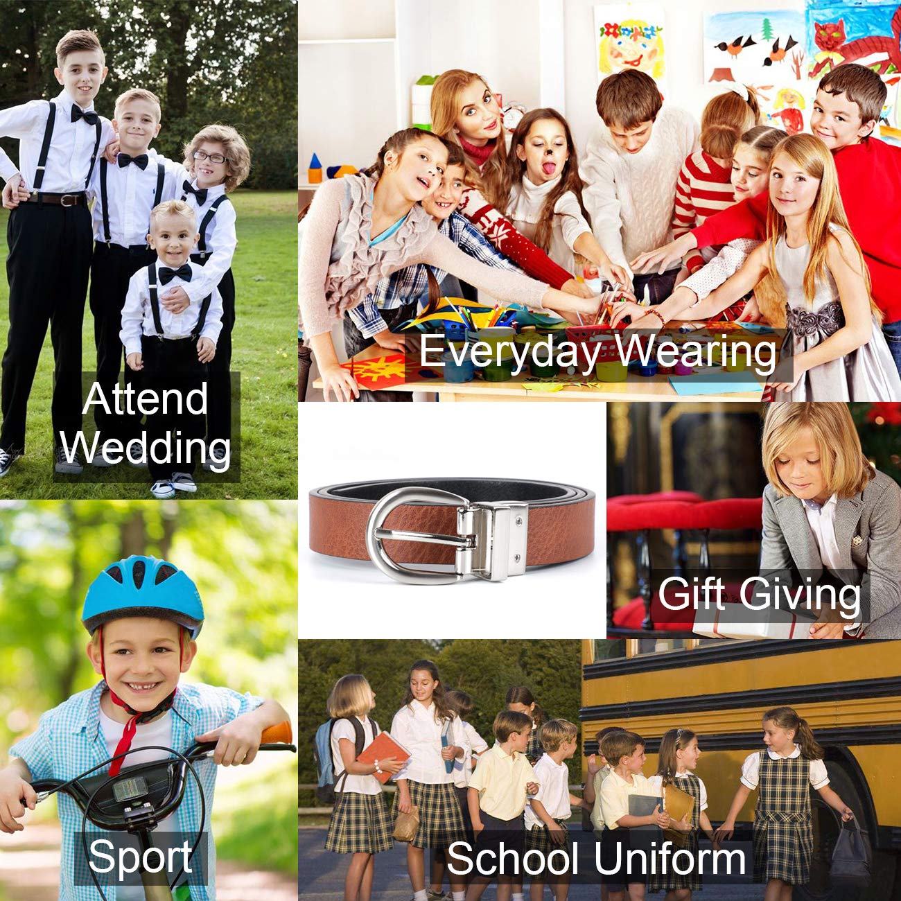 Kid Boy\'s Reversible Belt, JASGOOD kids Leather Casual Dress Belt for Jeans Pants with Alloy Buckle (Black/Brown,Pant Size 23-27 Inch)