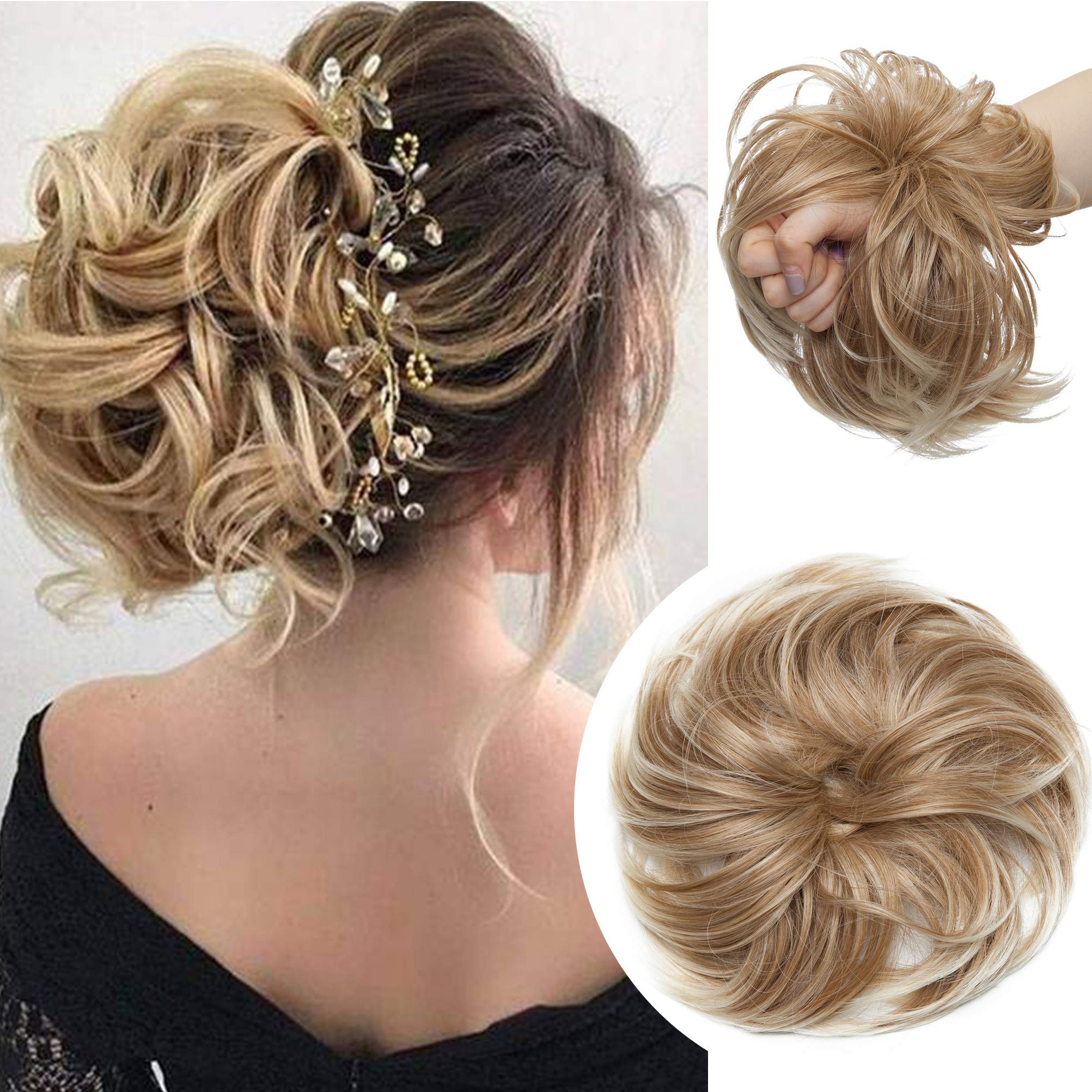 Large Messy Bun Scrunchie Hair Piece Elastic Updo Cover Hair Extension Instant Ponytail Curly 80g 1pc Tousled Synthetic Hairpiece Thick Hair Donut Strawberry Blonde mix Platinum Blonde