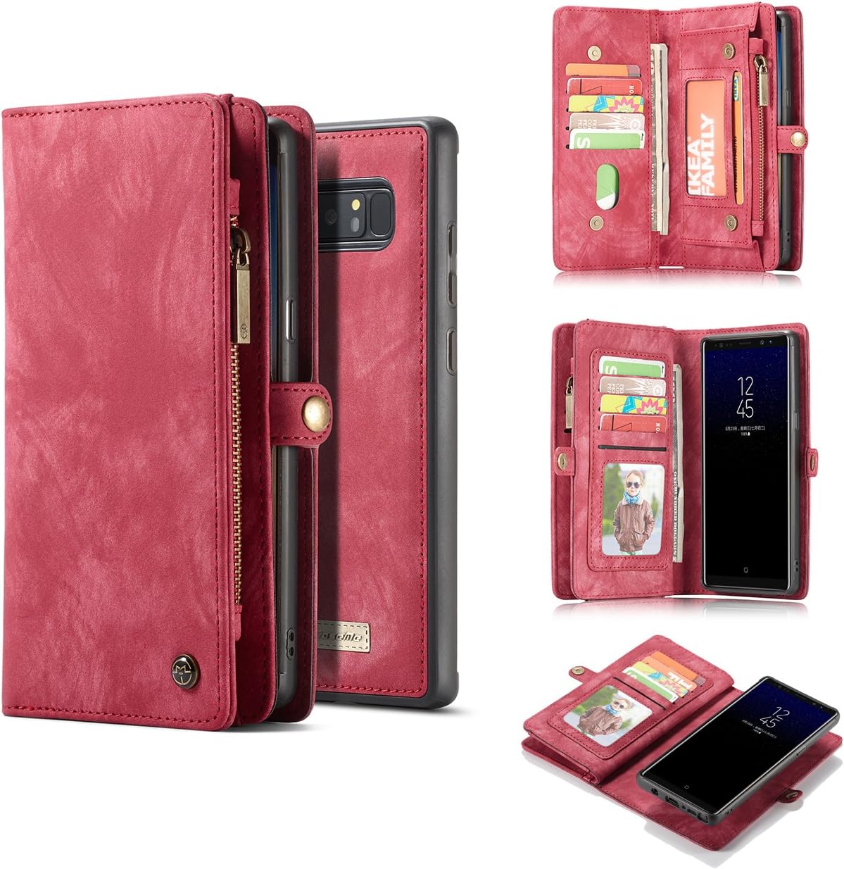Galaxy Note 8 Case,AKHVRS Handmade Premium Cowhide Leather Wallet Case,Zipper Wallet Case [Magnetic Closure]Detachable Magnetic Case & Card Slots for Samsung Galaxy Note 8 - Red