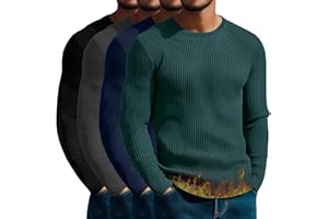 August Alley 4 Pack Men's Cotton Thermal Long Sleeve Shirts Ribbed Crew Neck Tops Slim Fit Undershirts Fall Winter Base Layer