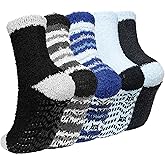 CaiDieNu Fuzzy Socks for Men with Grippers, Fluffy Slipper Socks Winter Warm Thick Home Hospital Cozy Non-slip Socks 5 Pairs