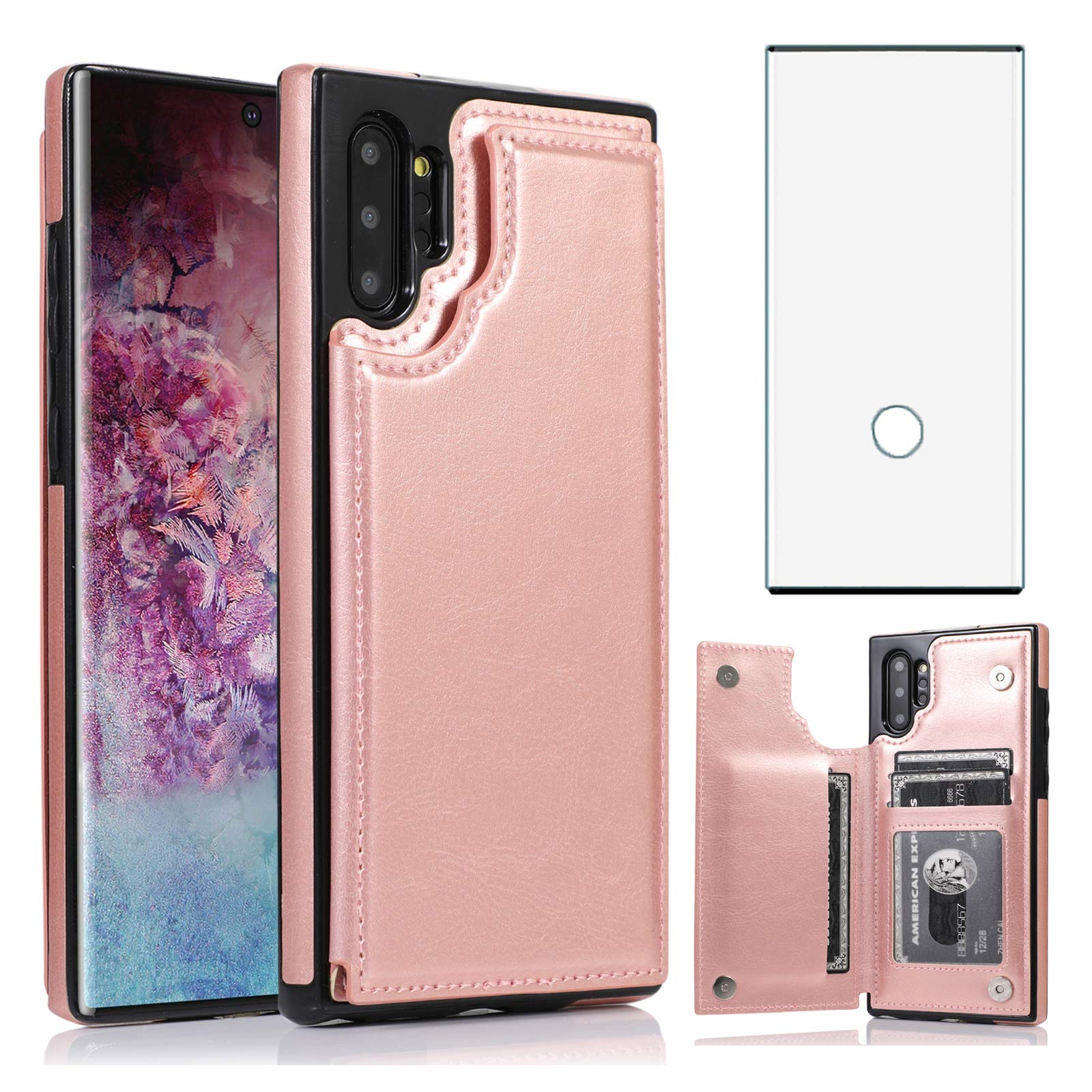 Asuwish Compatible with Samsung Galaxy Note 10 Plus Glaxay Note10+ 5G Wallet Case Tempered Glass Screen Protector Card Holder Cover Stand Phone Cases for Gaxaly Note10 + Notes 10+ Ten Not 10Plus Pink