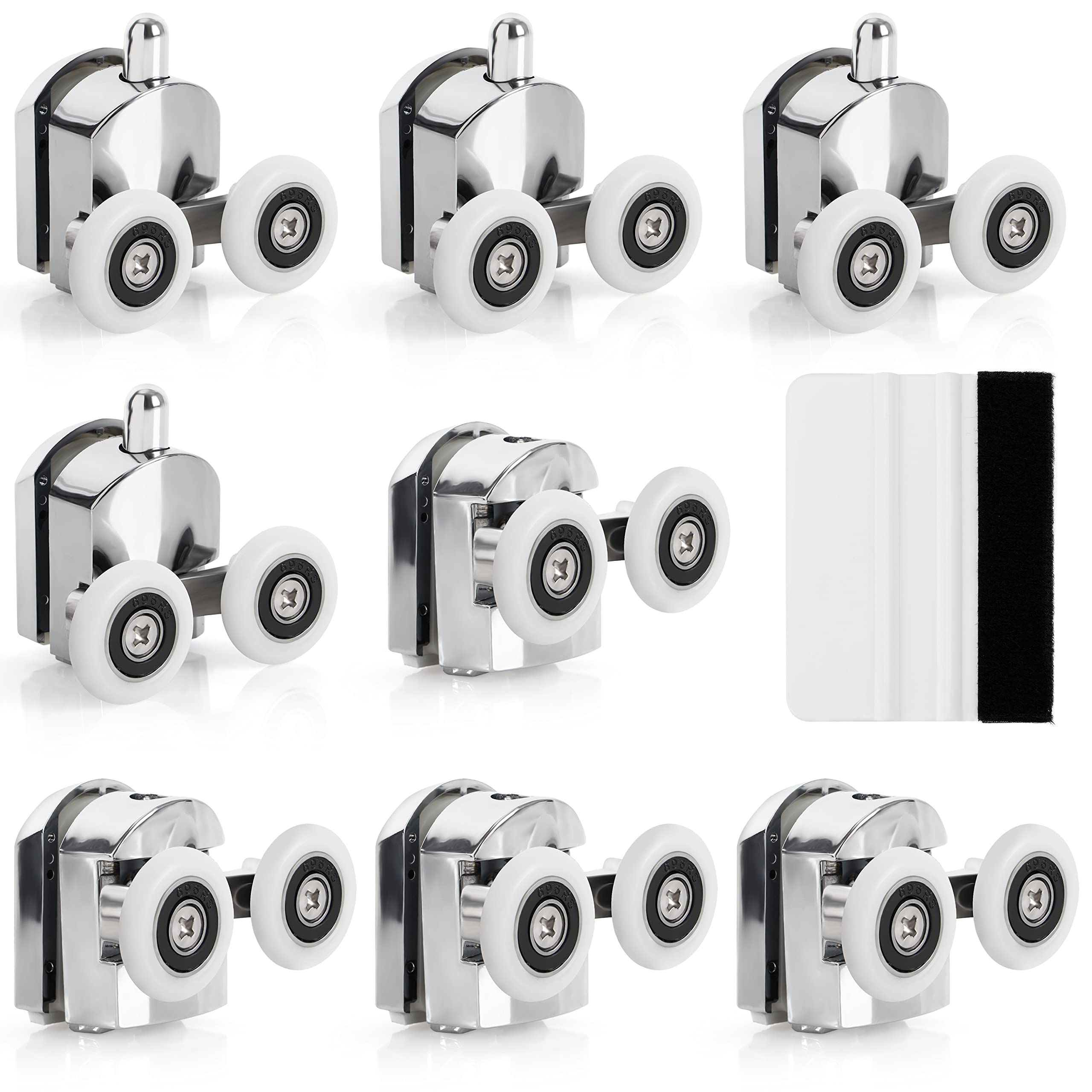 Belle Vous 8 Pack of Shower Door Wheel Rollers Runners - 23mm Diameter Zinc Alloy Wheels - Twin Rollers for Glass Sliding Shower Door - Bathroom Replacement Wheels with Fixings & Squeegee