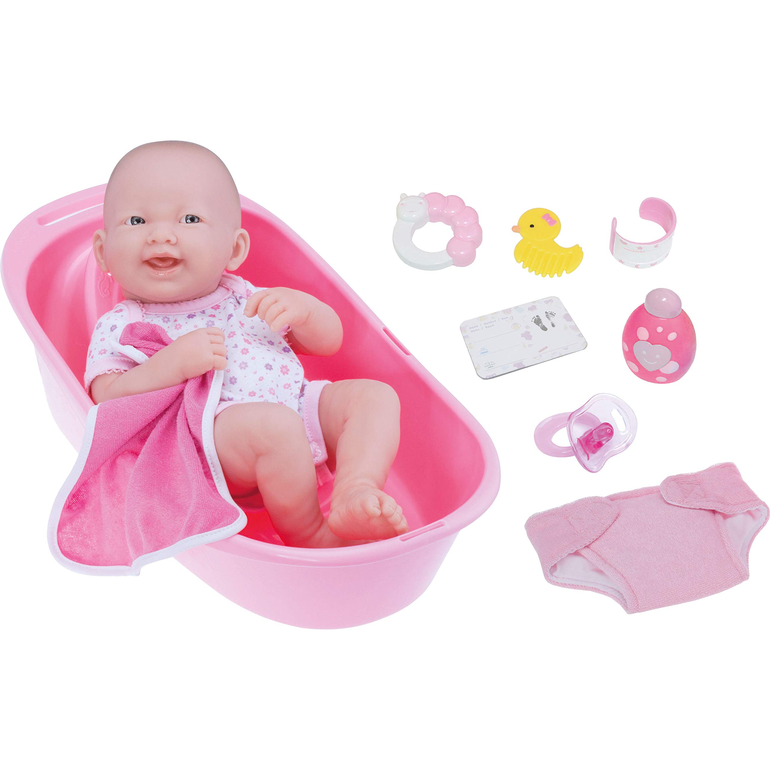 LA NEWBORN 8 Piece Deluxe BATHTUB GIFT SET, featuring 14" Life-Like All Vinyl Smiling Baby Newborn Doll, Pink