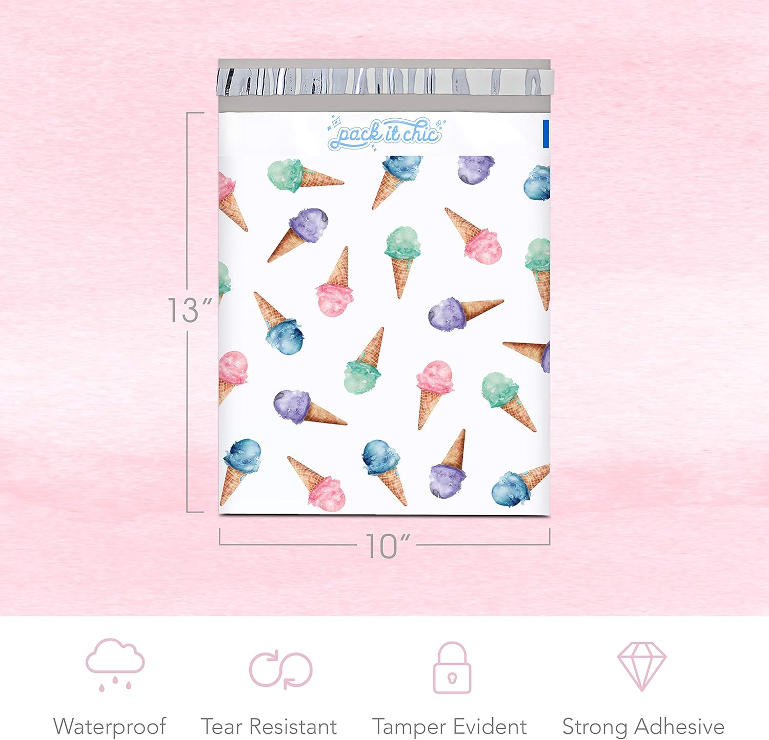 Pack It Chic - 10X13 (100 Pack) Ice Cream Pattern Poly Mailer Envelope Plastic Custom Mailing & Shipping Bags - Self Seal (More Designs Available) : Office Products