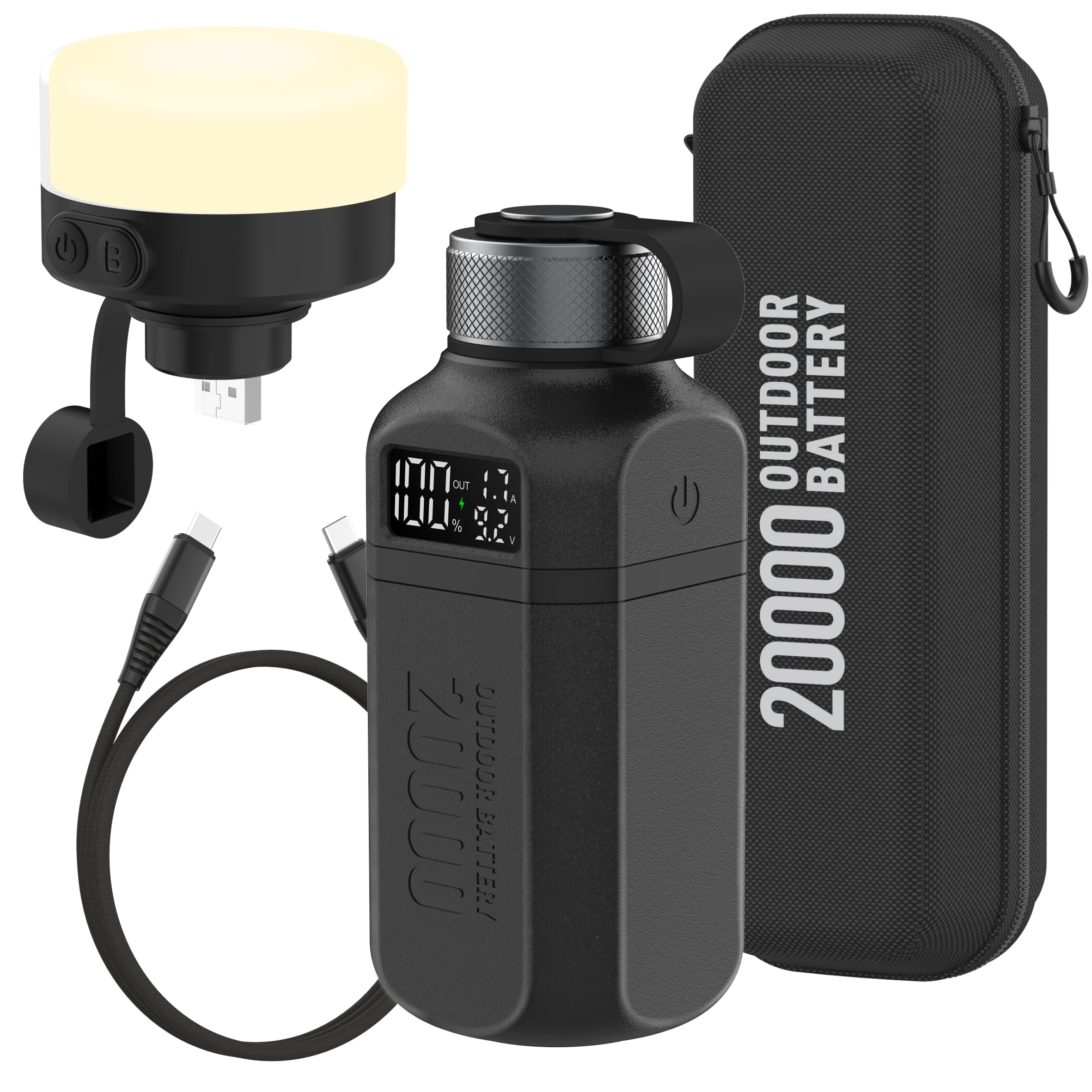 aswayke 20,000mAh Rugged Power Bank with Fast Charge USB-C PD, IP68 Waterproof Shockproof, Includes 420lm Bright Camping Lantern, Tactical Outdoor Charger for Hiking Camping Survival Emergency（Black）