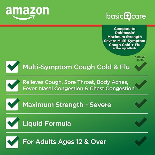 AMAZON BASIC CARE TUSSIN SEVERE CF MAX SYRUP, MULTI-SYMPTOM COUGH, COLD AND FLU LIQUID MEDICINE, NON-DROWSY, RELIEVES COUGH, SORE THROAT, BODY ACHES, FEVER, NASAL AND CHEST CONGESTION, 8 FL OZ