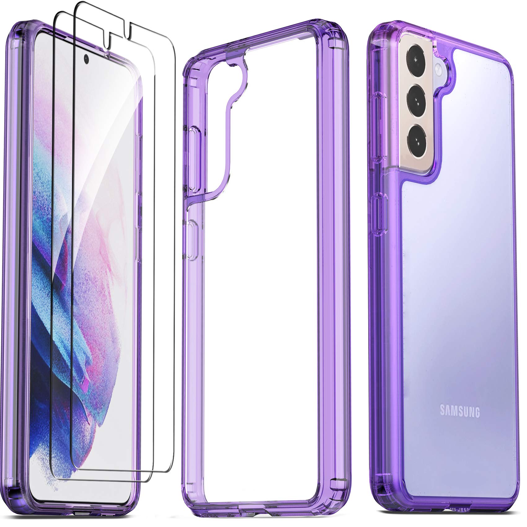 Ferilinso for Samsung Galaxy S21 Case, [NOT Fit S21+ Plus], with 2 Pack Tempered Glass Screen Protector [Military Grade Protection] [10X Anti-Yellowing]-Purple cover