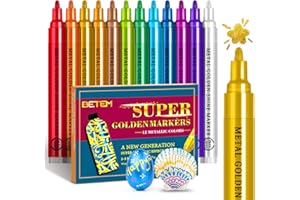 Betem Super Golden Metallic Paint Markers, 12 Colors Metallic Paint Pen Scrapbook Supplies, 2-3mm Medium Tips Glitter Markers