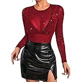 Allchic Glitter Sheer Mesh Tops for Women Long Sleeve Blouses Club T Shirts