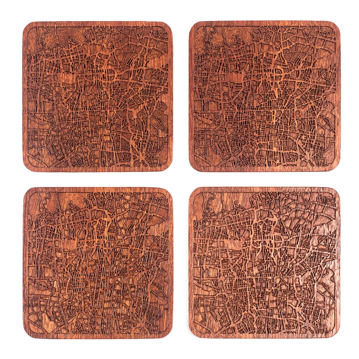Tehran Map Coaster, Set of 4, Sapele Wooden Coaster with City Map, Handmade