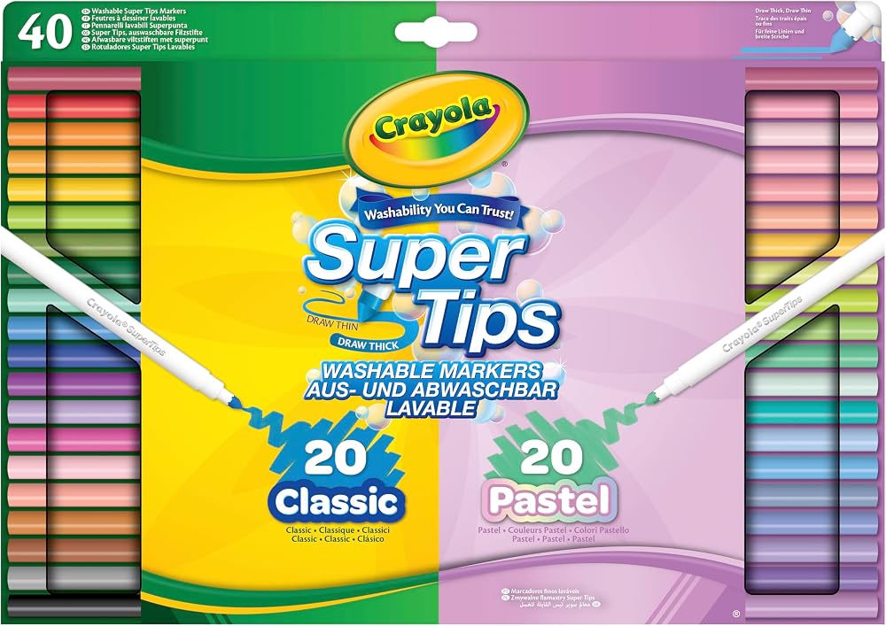 CRAYOLA SuperTips Washable Markers Felt Tip Pens Classic Pastel 40 Pack Ages 3+