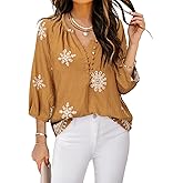 Triratna Womens Blouses Dressy Casual V Neck 3/4 Sleeve Tops Fashion Boho Chiffon Button Down Shirts