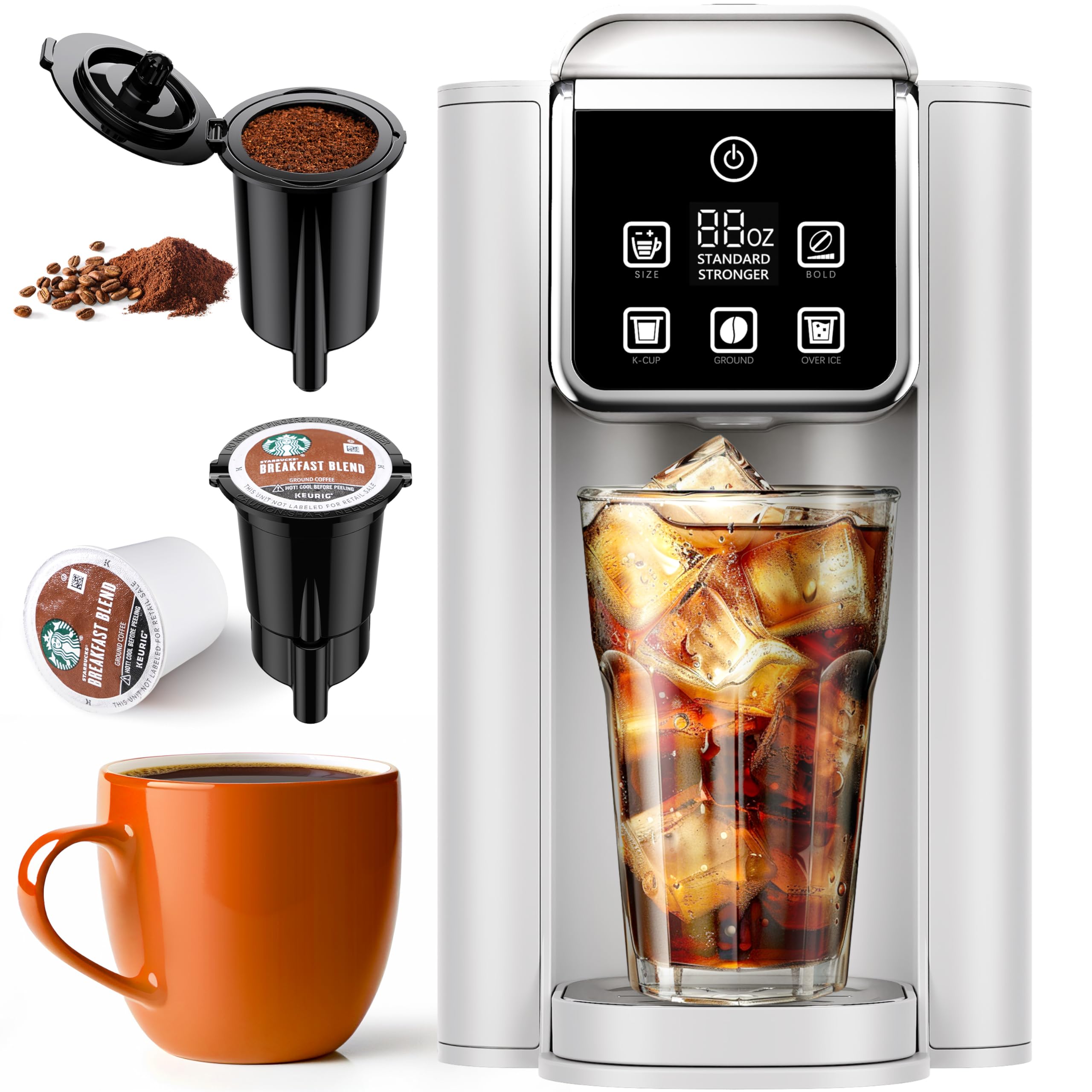 Photo 1 of KIDISLE Hot & Iced Coffee Maker with Bold Setting, Single Serve Coffee Maker for K Cup and Grounds, 6-14 Oz Brew Sizes, 50 Oz Removable Water Tank, One Cup Coffee Machine with Reusable Filter, White