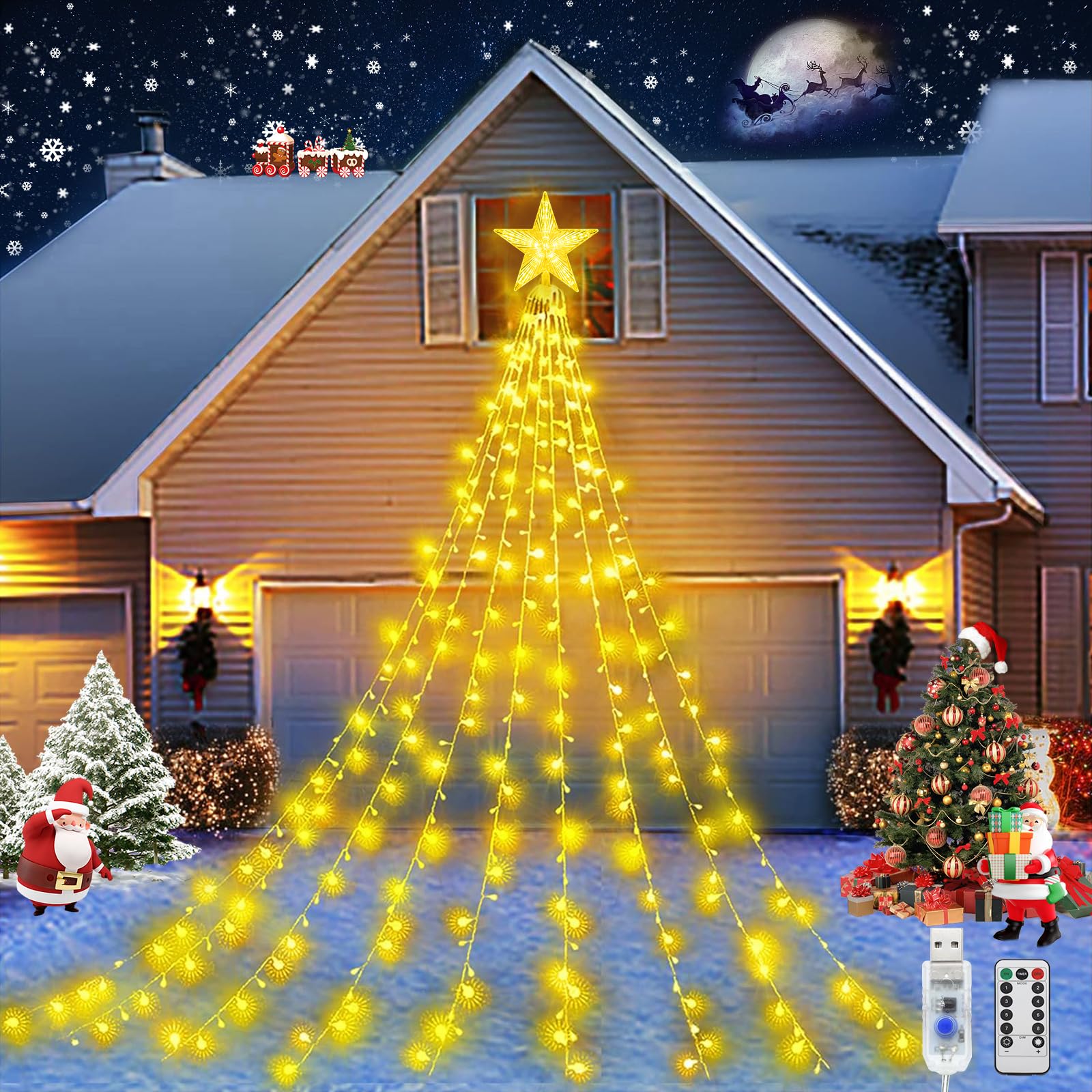 JIMACRO Outdoor Christmas Tree Decoration, 9Pcs 2M Waterfall Fairy String Lights, 8 Modes 198 LEDs Waterproof USB LED Christmas Tree Lights with Topper Star for Christmastree Garden Party Festival