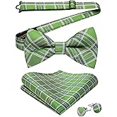 HISDERN Bow Ties for Men Pre-Tied Bow Tie Set Handkerchief & Cufflinks Plaid Classic Formal Bowtie for Party Wedding
