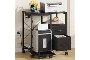 YAOHUOO Printer Stand with Power Outlet/Fabric Drawers, Printer Cabinet with Storage Shelf and Rolling Shredder Stand, Printer Table for Home Office, 22.8"×15" Black
