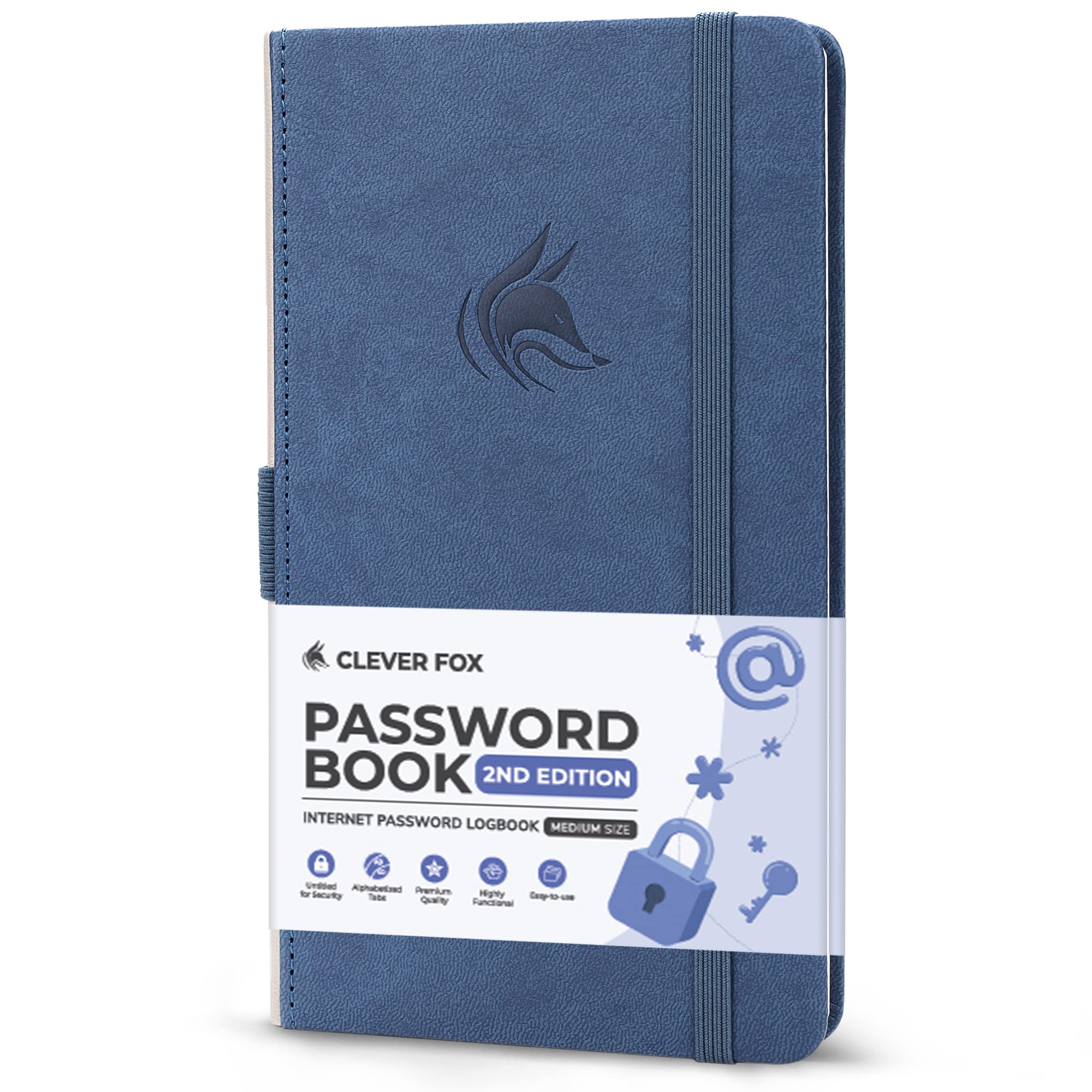 Clever Fox Password Book 2nd Edition – Hardcover Password Keeper with Laminated Alphabetical Tabs – Internet Address Notebook & Login Details Organizer Journal – 10.4x19.3cm (Smoke Blue)