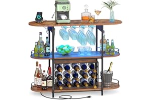 VASAGLE Bar Cabinet with LED Lights and Power Outlets, Freestanding Coffee Bar Wine Cabinet, Wine Rack, Glass Holder, Mini Bar for Liquor and Glasses, Kitchen, Dining Room, Rustic Brown ULWR007K01S