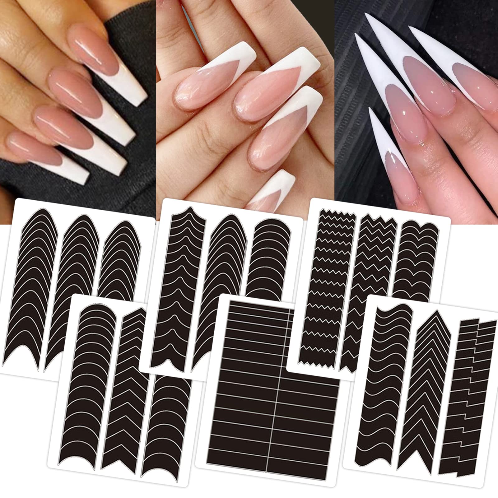 Photo 1 of 1422 Pcs French Tip Nail Guides, Self-Adhesive French Moon Shaped V-Shaped Manicure Strip Stickers for Edge Auxiliary Black DIY Decoration Stencil Tools(11 Designs, 36 Sheets)